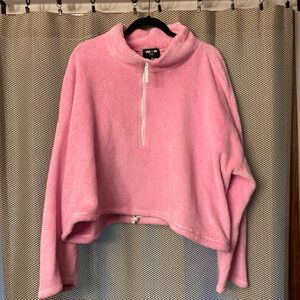 Pink fuzzy drawstring crop top